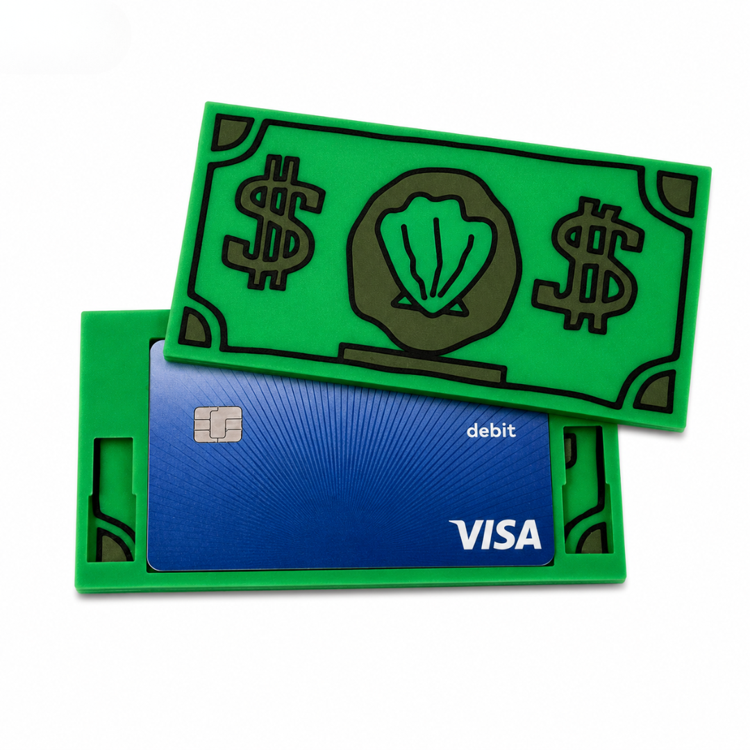Undersea Shell Buck Card Holder Case | Novelty Ocean Currency Silicone Card Protector Sleeve, Funny Meme Credit Card & Tap-to-Pay NFC Cover