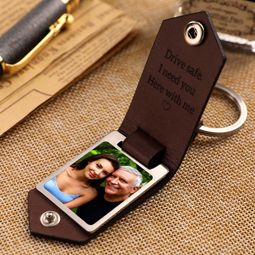 Custom Photo and Text Leather Photo Keychain Father's Day Gift