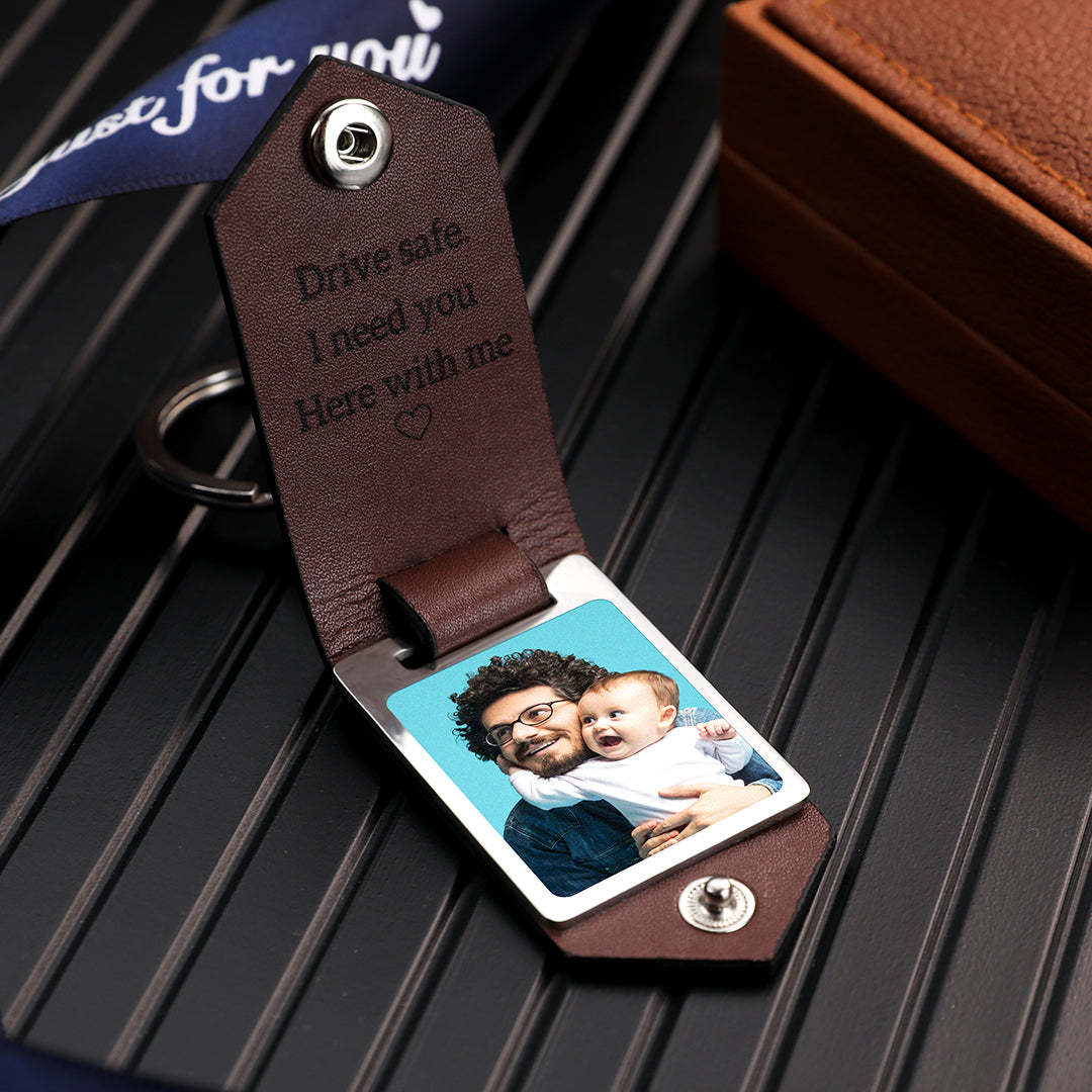 Custom Photo and Text Leather Photo Keychain Father's Day Gift