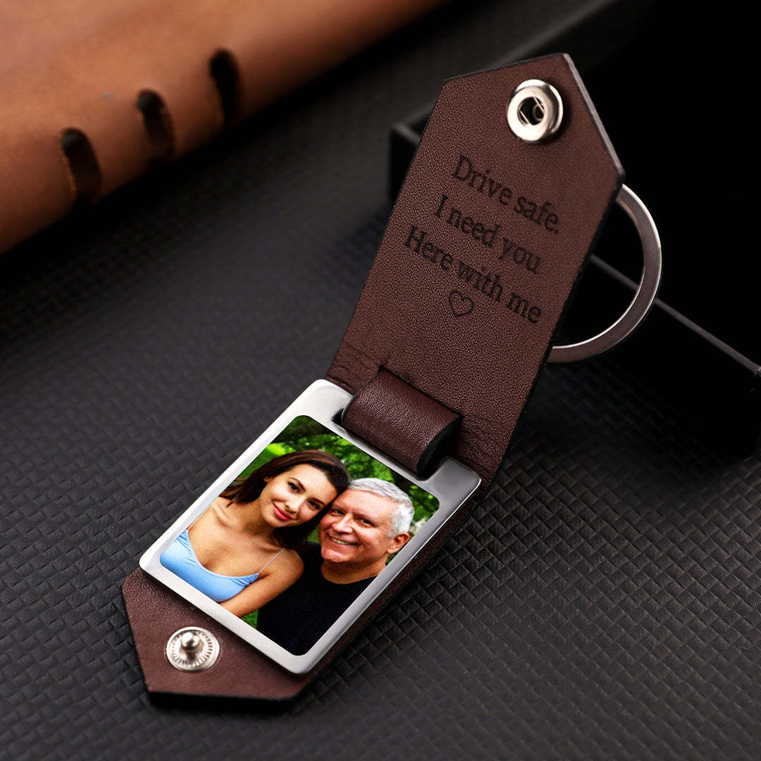 Custom Photo and Text Leather Photo Keychain Father's Day Gift