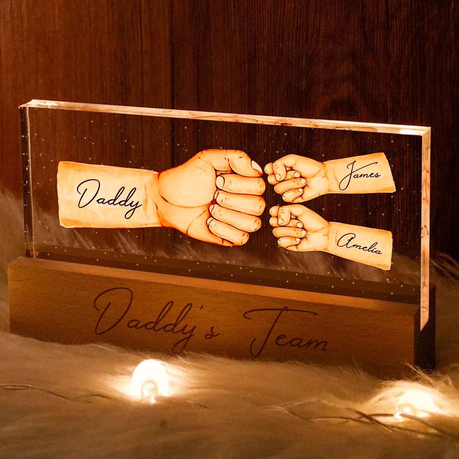Custom Acrylic LED Night Light Personalized Daddy's Team Fist Bump Father's Day Gift For Dad