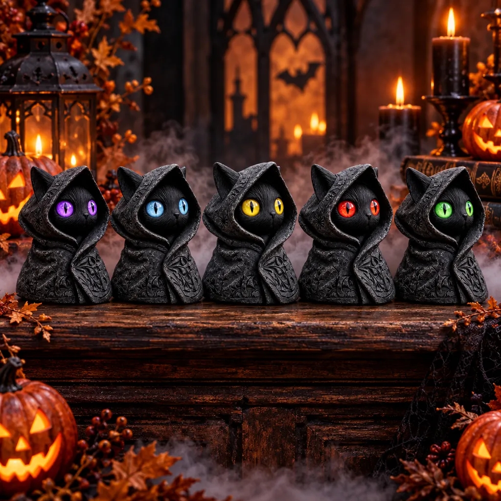 Mysterious Hooded Cat Figurine - Gothic Black Cat Statue, Fantasy Witchy Kitten Sculpture Home Decor, Perfect Gift for Cat Lovers - MySpotifyGlass