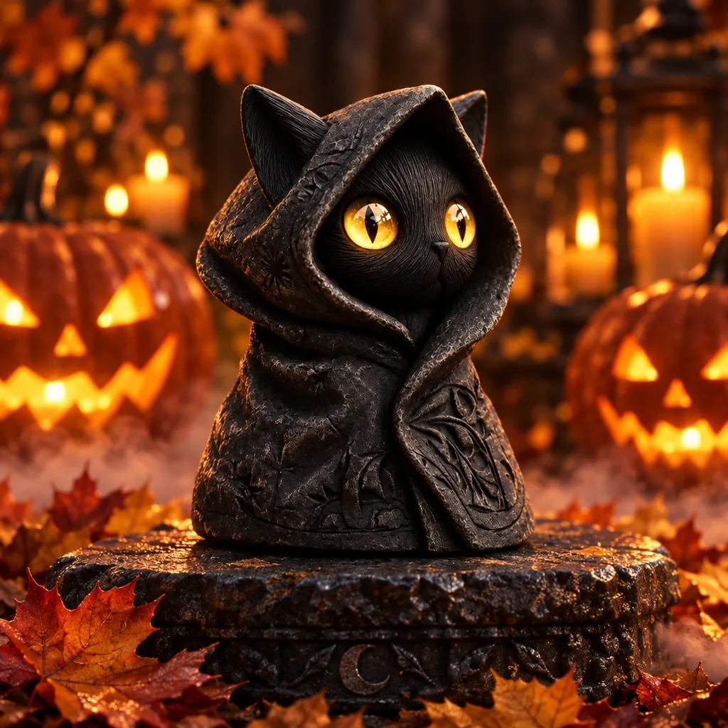 Mysterious Hooded Cat Figurine - Gothic Black Cat Statue, Fantasy Witchy Kitten Sculpture Home Decor, Perfect Gift for Cat Lovers - MySpotifyGlass
