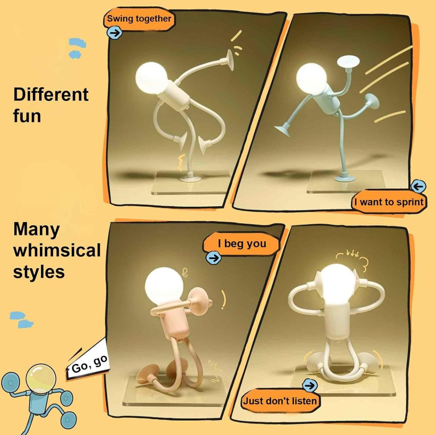 Changeable Shape Funny Sportsman Night Light Cute Creative Mini Cartoon Portable Bulb Suction Cup Lights Bendable Desk Lamp for Tabletop Shelves Decor Decompression Ornaments