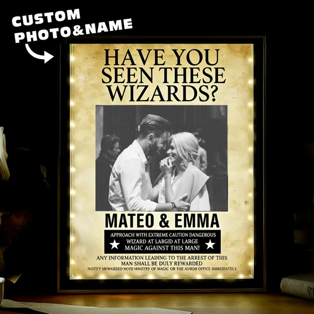 Custom "Have You Seen This Wizard?" Wanted Mirror Lamp Personalized Couple Photo Name & House Styles