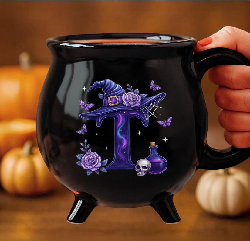 Custom 12oz Ceramic Cauldron Coffee Mug - Personalized Halloween Witchy Gifts For Besties Family Yourself Witchy Vibes Only Purple Letter