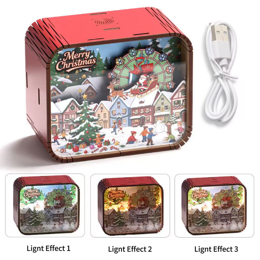 Wooden Christmas Music Box with Color-Changing Night Light - Holiday Gift
