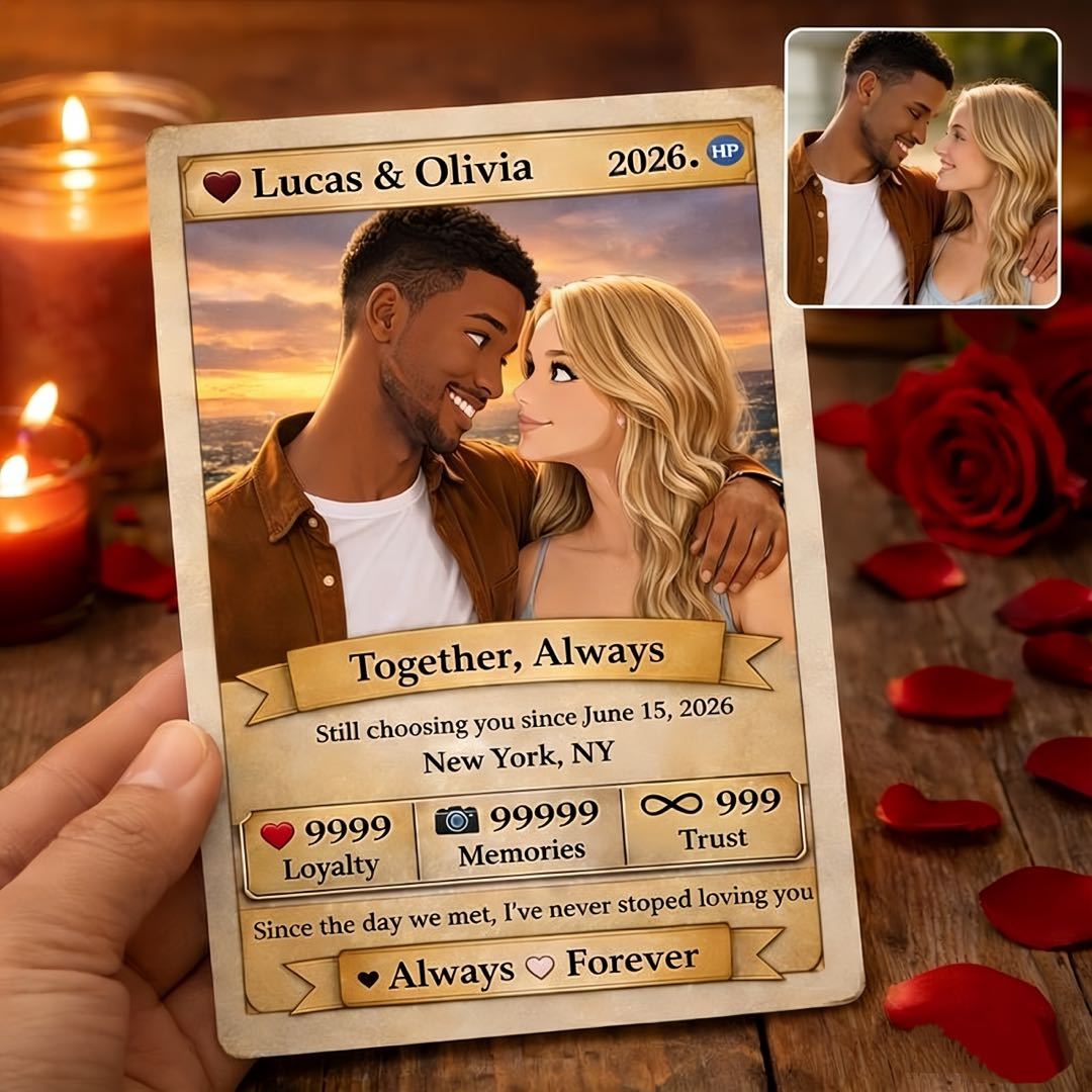 Personalized Valentine’s Day Power Couple Card, Custom Anniversary Card Couple Photo Anime Style, Best Valentine's Day Gift for Lover