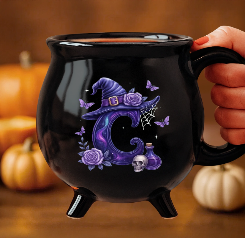 Custom 12oz Ceramic Cauldron Coffee Mug - Personalized Halloween Witchy Gifts For Besties Family Yourself Witchy Vibes Only Purple Letter