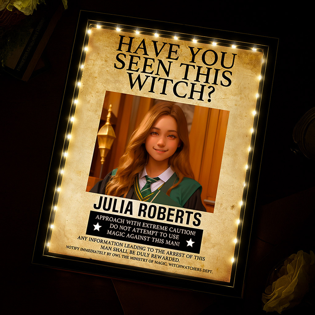 Custom "Have You Seen This Wizard?" Wanted Mirror Lamp �C Personalized Name & House Styles