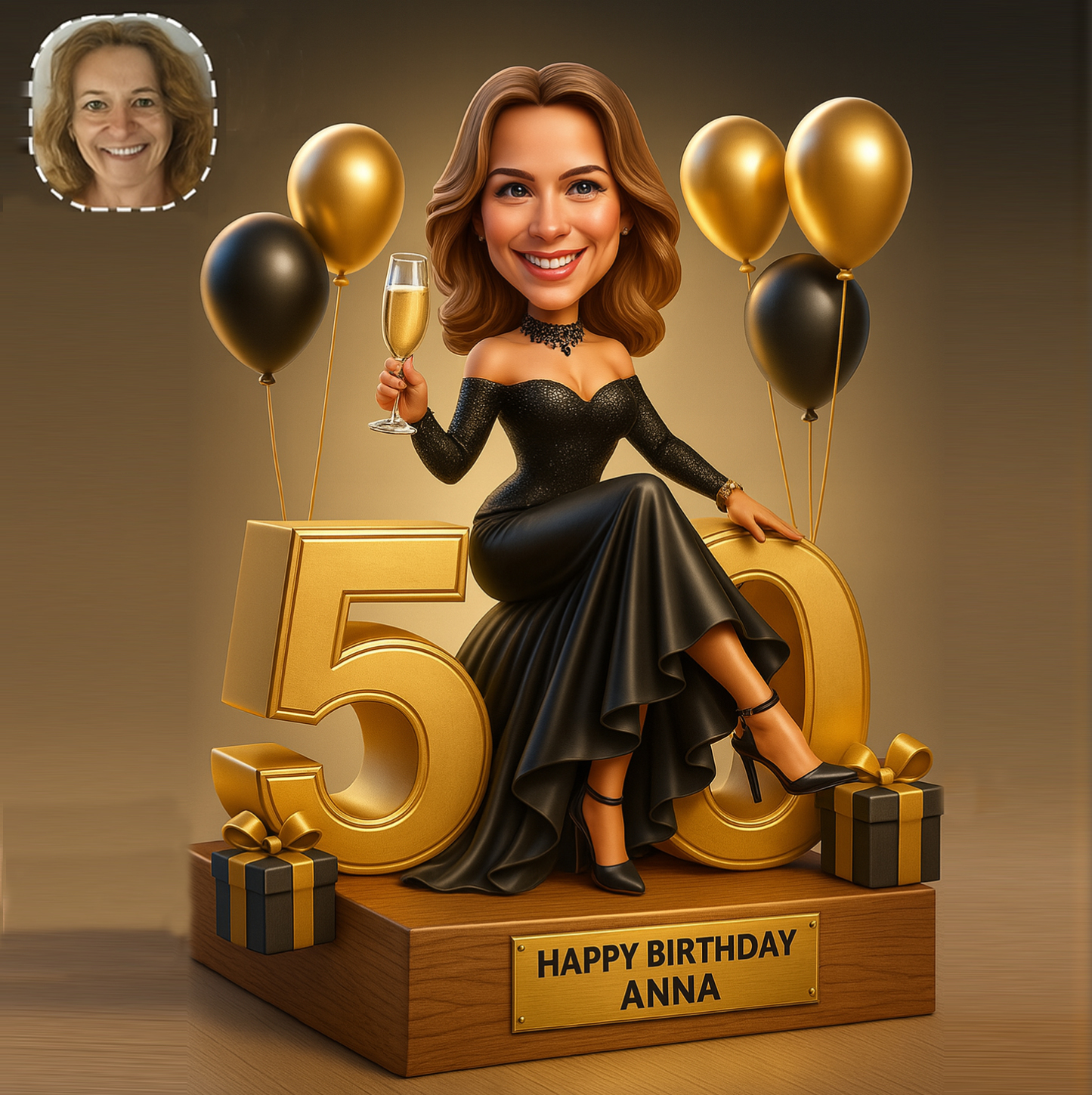 50th Birthday Portrait Caricature Gift Personalized for Women 2D Look 3D Pop