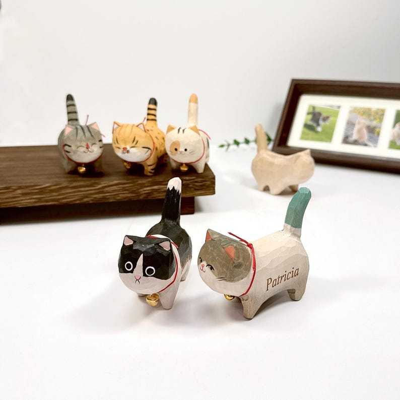 Wooden Cat Figurine Desktop Decor Unique Cat Lover Gift