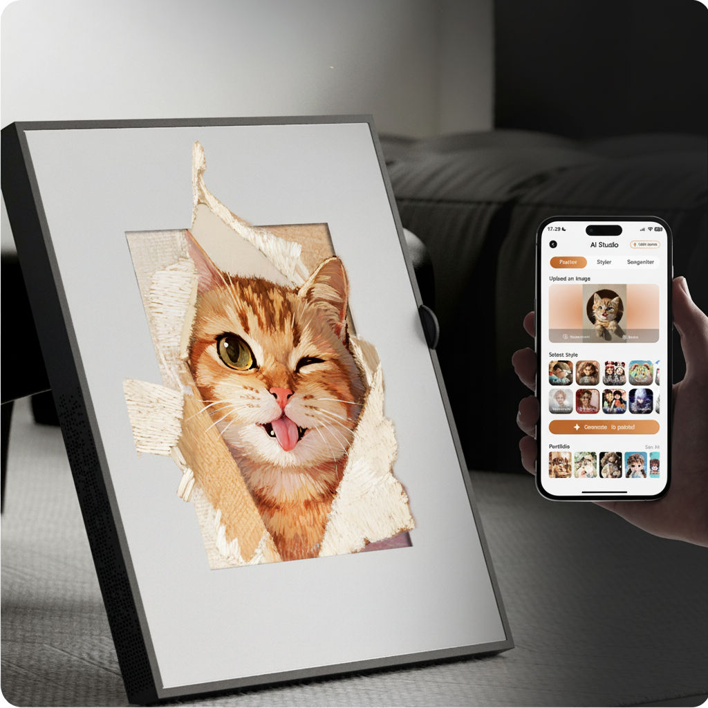 Canvas Smart Speaker Photo Frame,Personalized Photo Display with Bluetooth Audio, 8 AI Art Filters & Magnetic Frames, Elegant Keepsake Gift