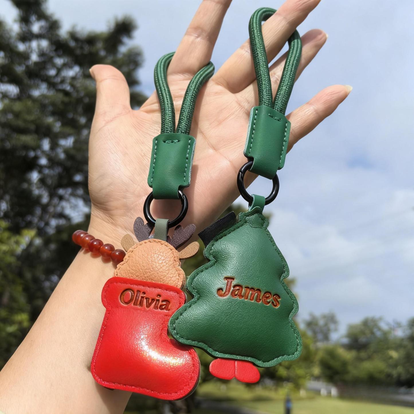 Custom Name Leather Christmas Tree Christmas Stocking Hanging PU Leather Keychain Christmas Ornaments - MySpotifyGlass