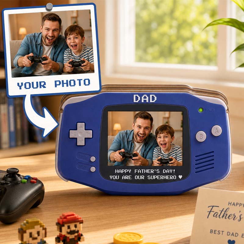 Personalized Retro Game Console Wooden Photo Frame - Custom Name & Text Gameboy Style Plaque, Unique Father's Day Birthday Gift for Dad Husband Gamer