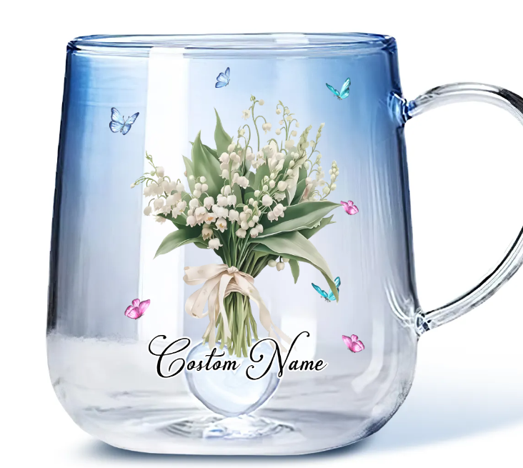 Birthmonth Flower With Name - Personalized Custom Blue Gradient Glass Mug