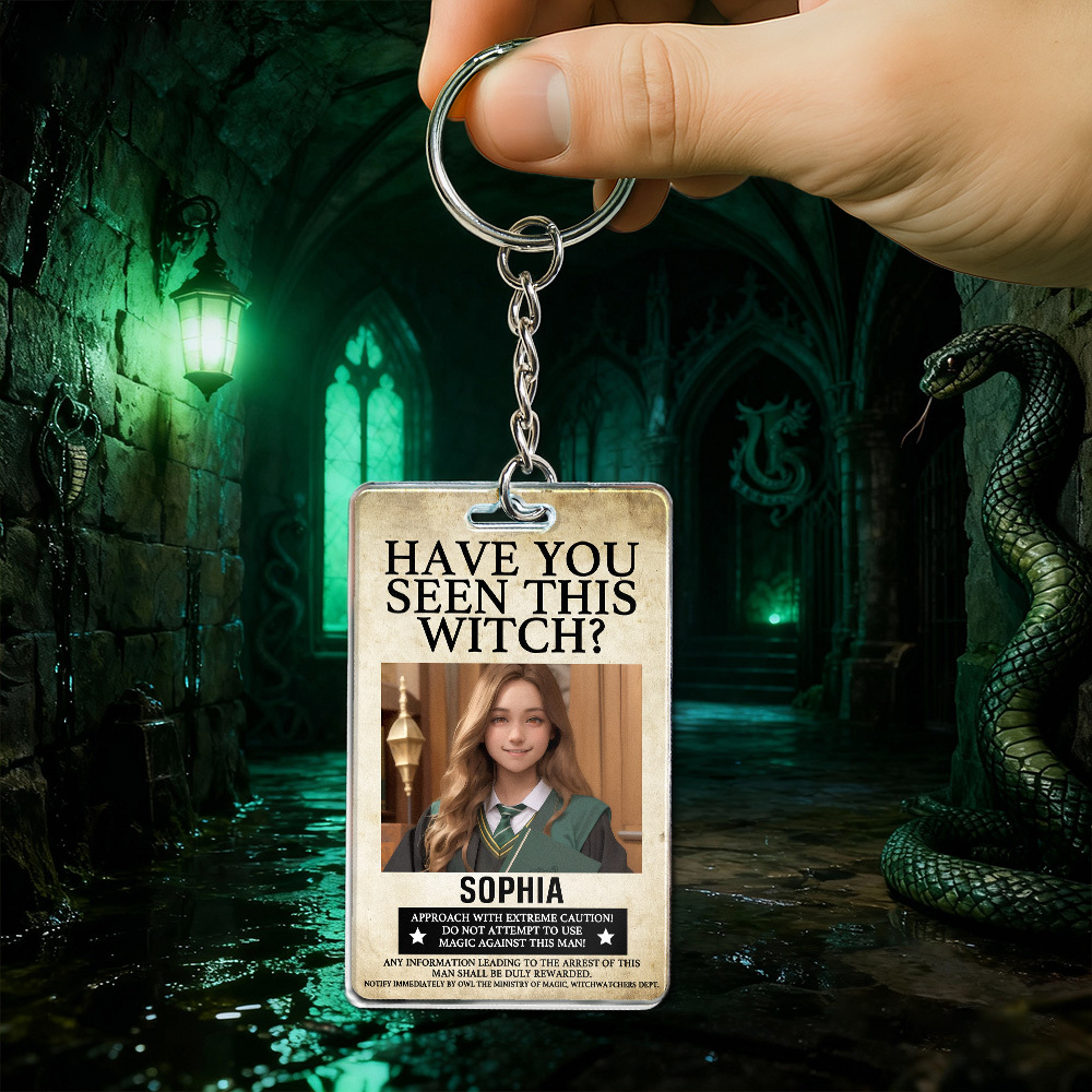 Custom "Have You Seen This Wizard?" Wanted Poster Acrylic Keychain Ornament and Wallet Insert Card �C Personalized Name & House Styles