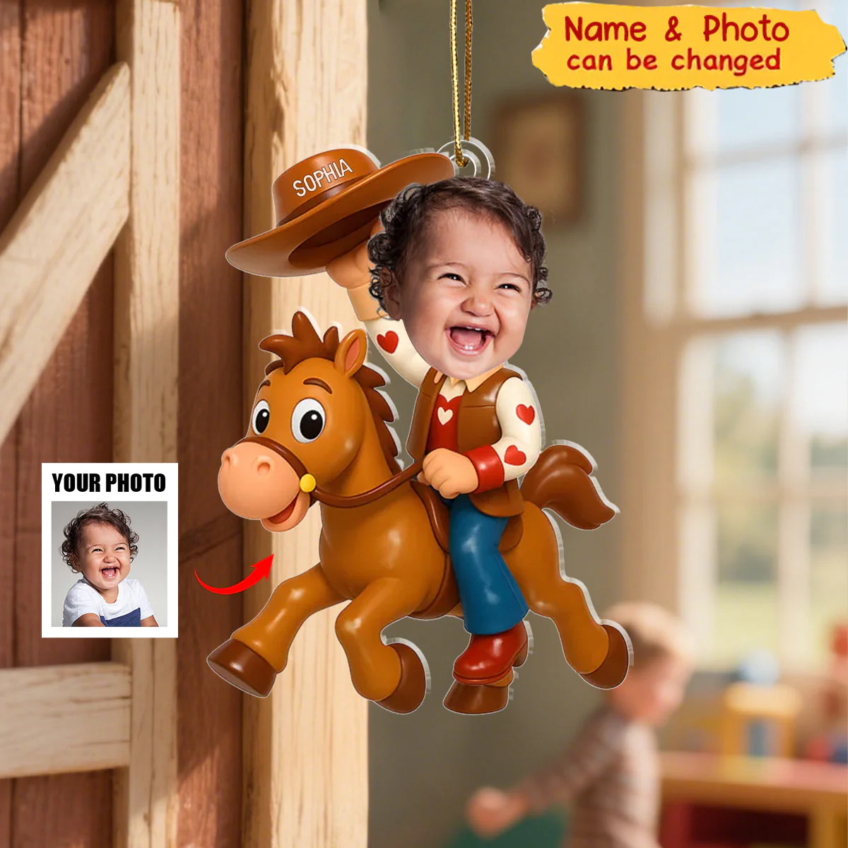 Personalized Christmas Photo Acrylic Ornament - Little Cowboy Adventure Time