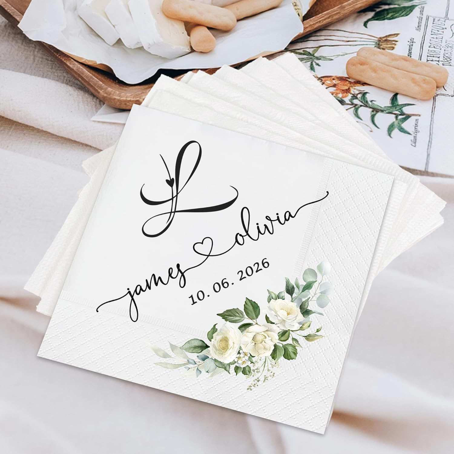 Custom Wedding Napkins with Names & Date, Personalized Floral Cocktail Napkins for Reception, Elegant Monogram Beverage Napkins