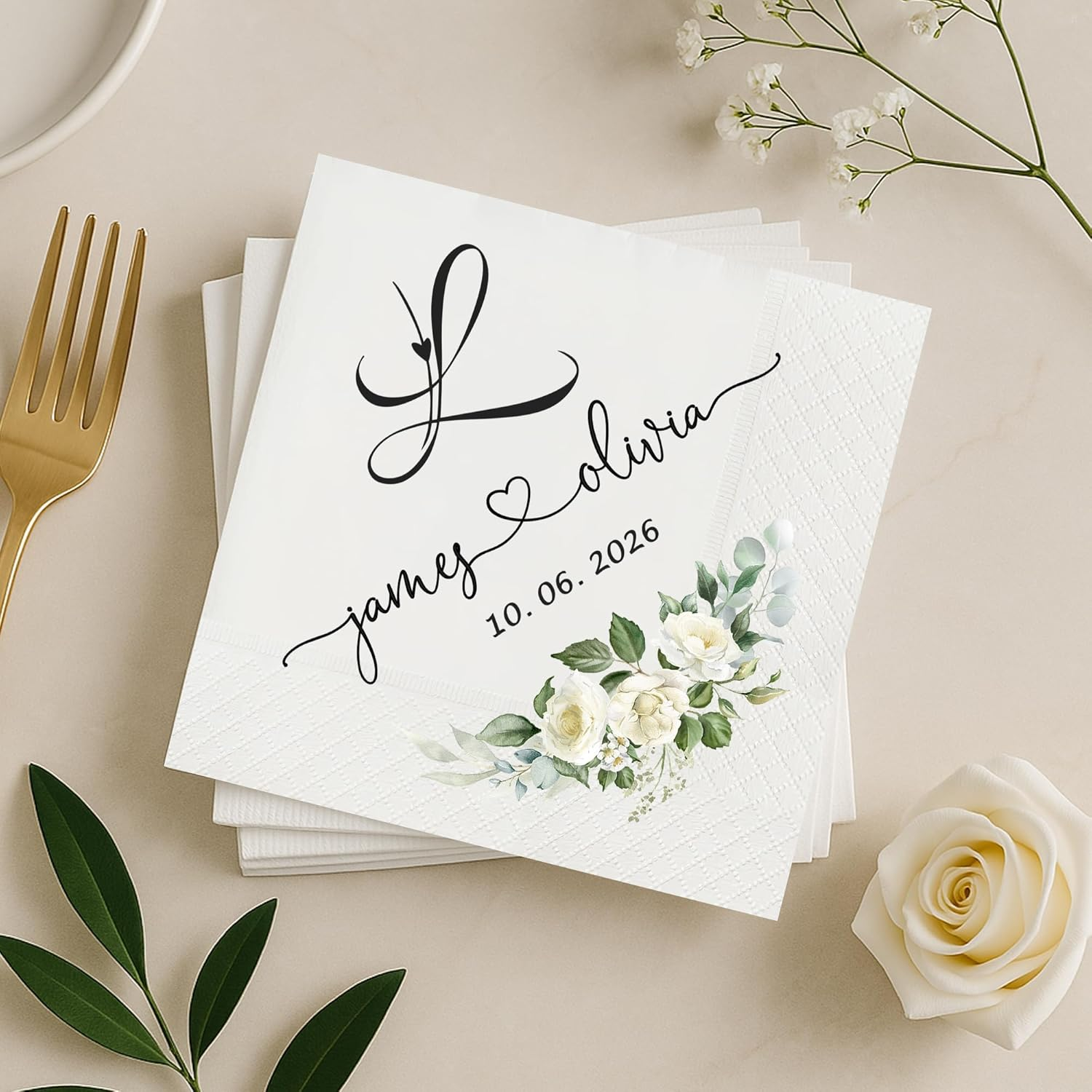 Custom Wedding Napkins with Names & Date, Personalized Floral Cocktail Napkins for Reception, Elegant Monogram Beverage Napkins
