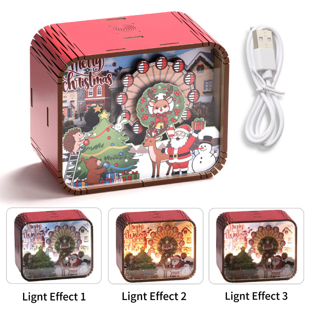 Wooden Christmas Music Box with Color-Changing Night Light - Holiday Gift