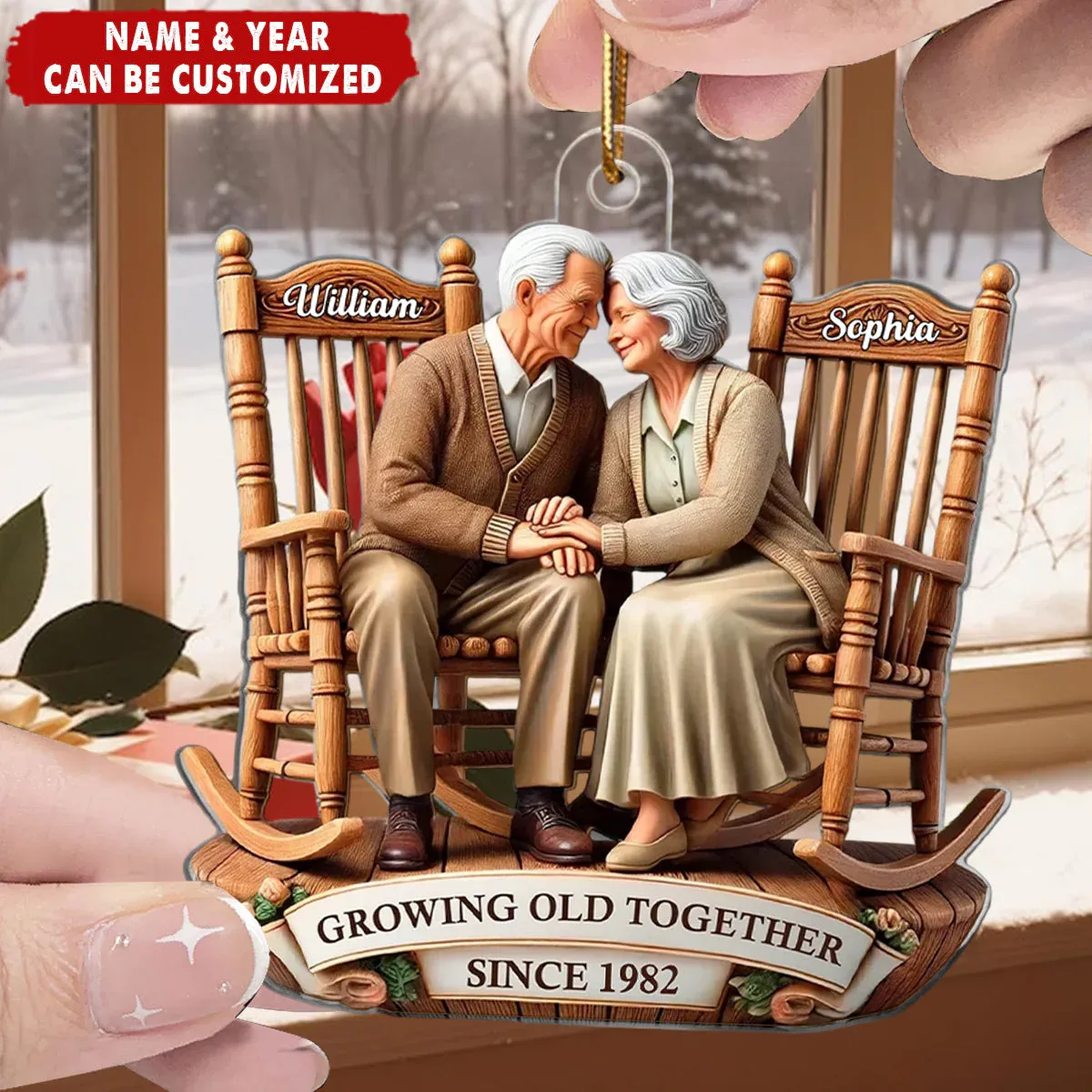 Old Couple Sitting On Rocking Chairs Together Personalized Christmas Acrylic Ornament - MySpotifyGlass