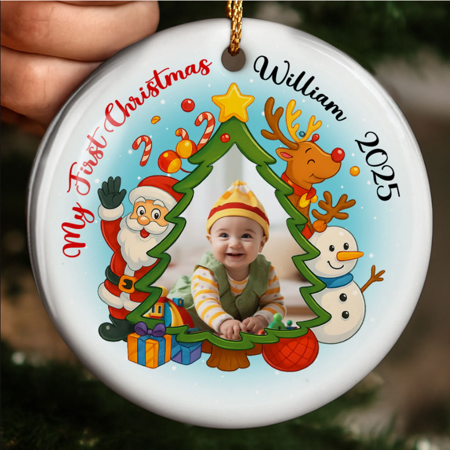 My First Christmas Santa Claus and Reindeer Ornament Personalized Custom Ceramic Ornament Gift For New Parents and Family