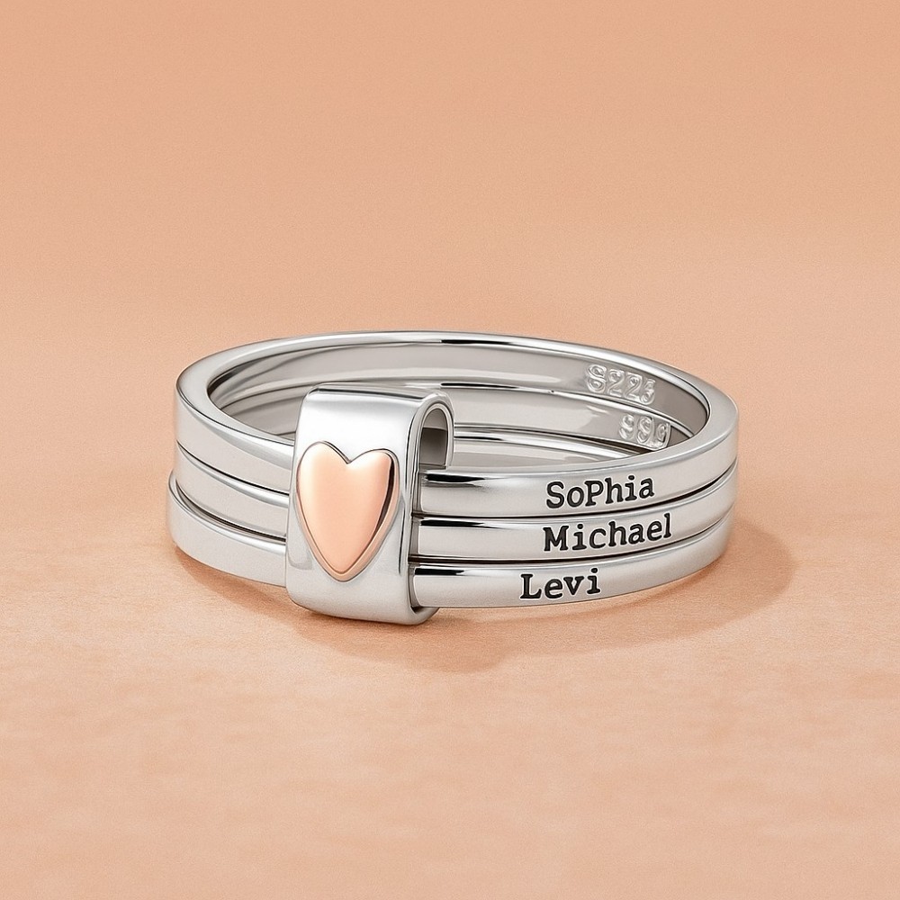 Personalized Sterling Silver Heart Name Stacking Ring Custom Engraved 2-7 Names Jewelry, Perfect Christmas, Valentine’s & Birthday Gift for Mom Grandma