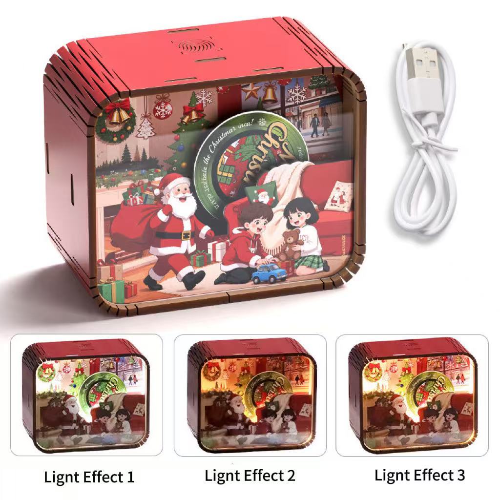 Wooden Christmas Music Box with Color-Changing Night Light - Holiday Gift