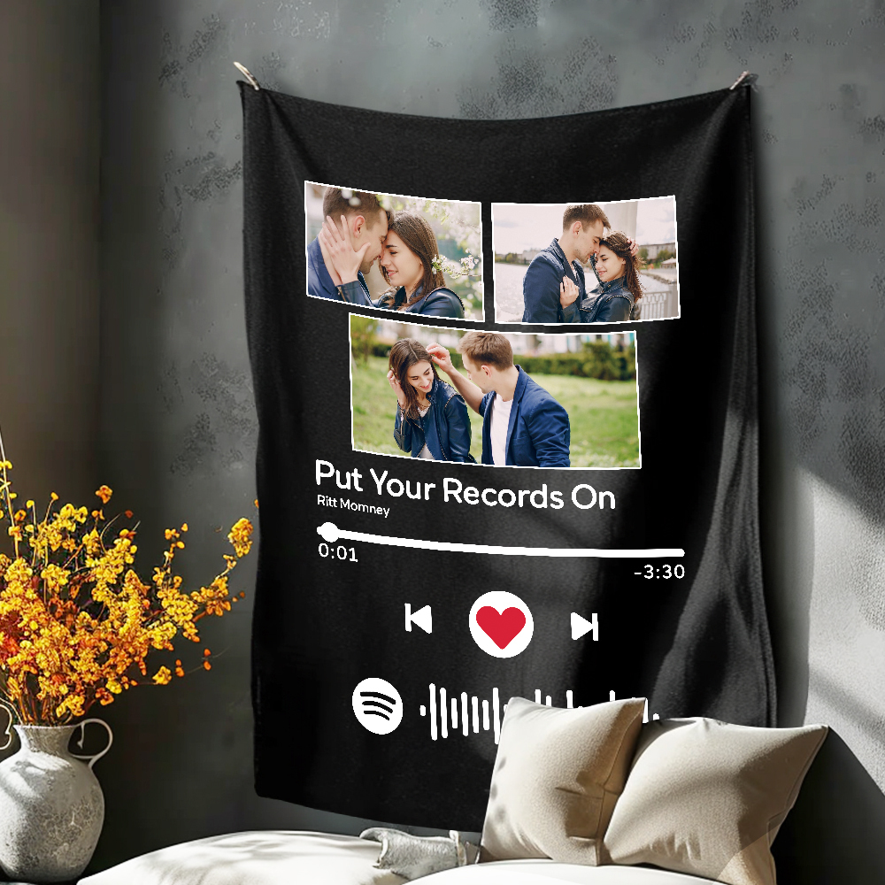 Custom Spotify Code Music Blanket Personalized Photo Fleece Blankets Valentine Gifts for Couple