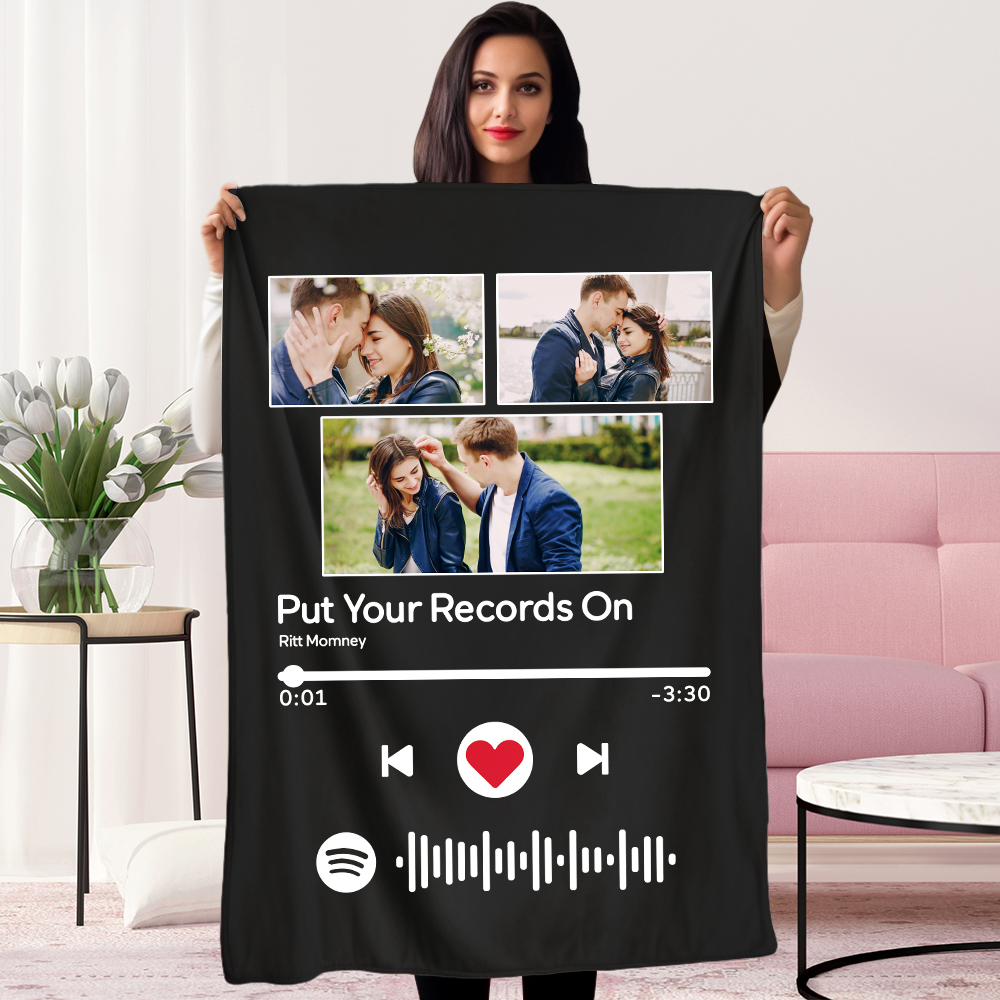 Custom Spotify Code Music Blanket Personalized Photo Fleece Blankets Valentine Gifts for Couple