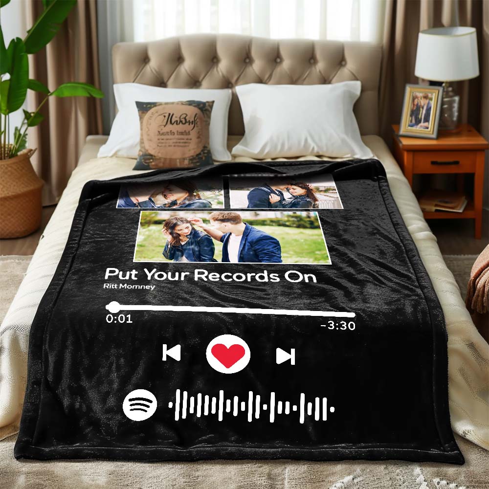 Custom Spotify Code Music Blanket Personalized Photo Fleece Blankets Valentine Gifts for Couple