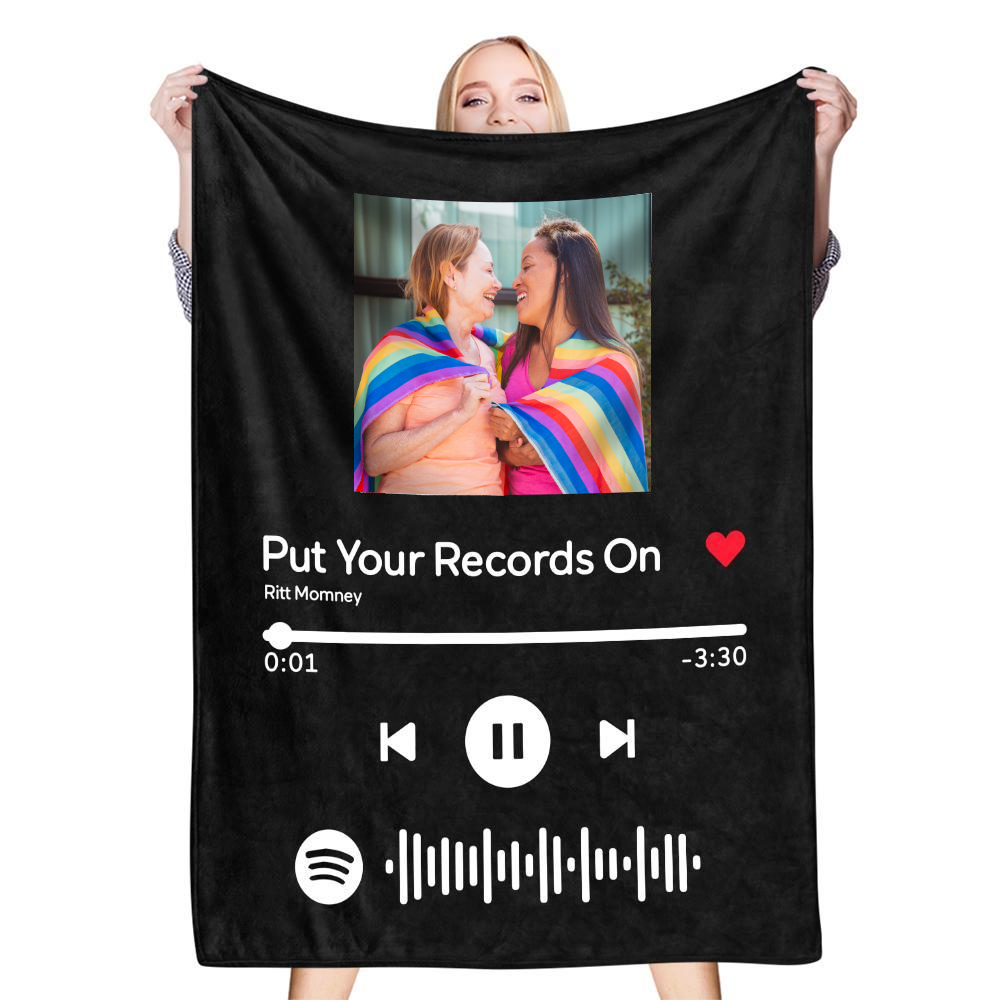 Custom Spotify Code Music Blanket Personalized Photo Fleece Blankets Black Custom Pride Gifts