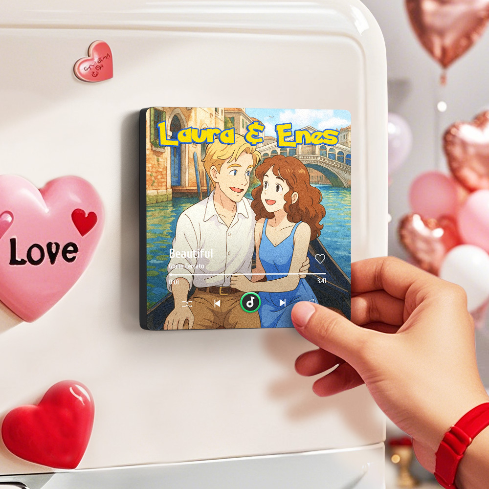 Custom Photo and Names Music Fridge Magnet Cartoon Style Personalized Photo Frame Gift for Couples - MySpotifyGlass