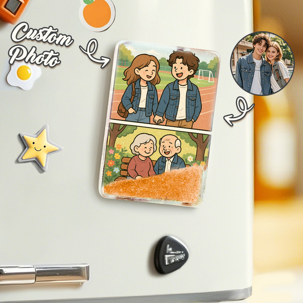 Custom Cartoon Custom Portrait Figurine Young & Elderly Style Fridge Magnet Personalized Quicksand Fridge Magnet Christmas Gift - MySpotifyGlass
