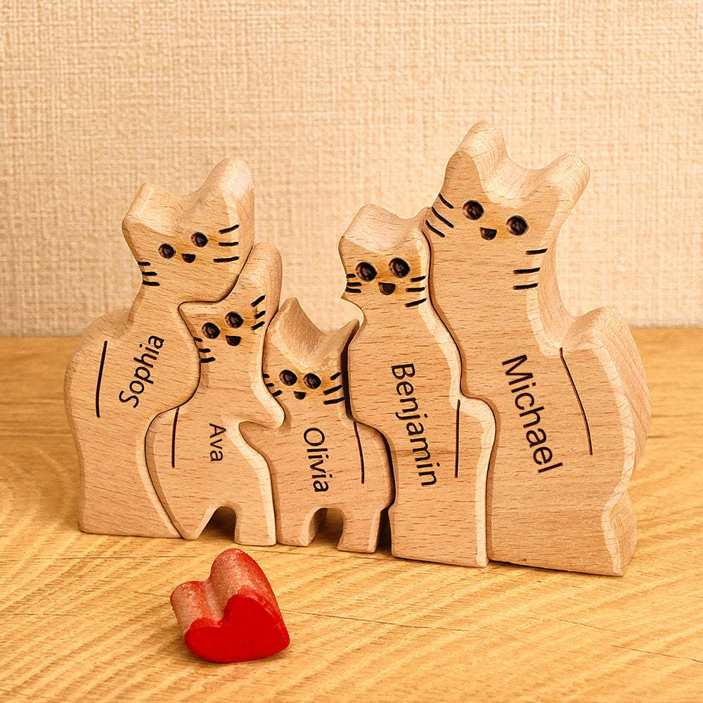 Wooden Cats Family Custom Names Puzzle Home Decor Gifts -