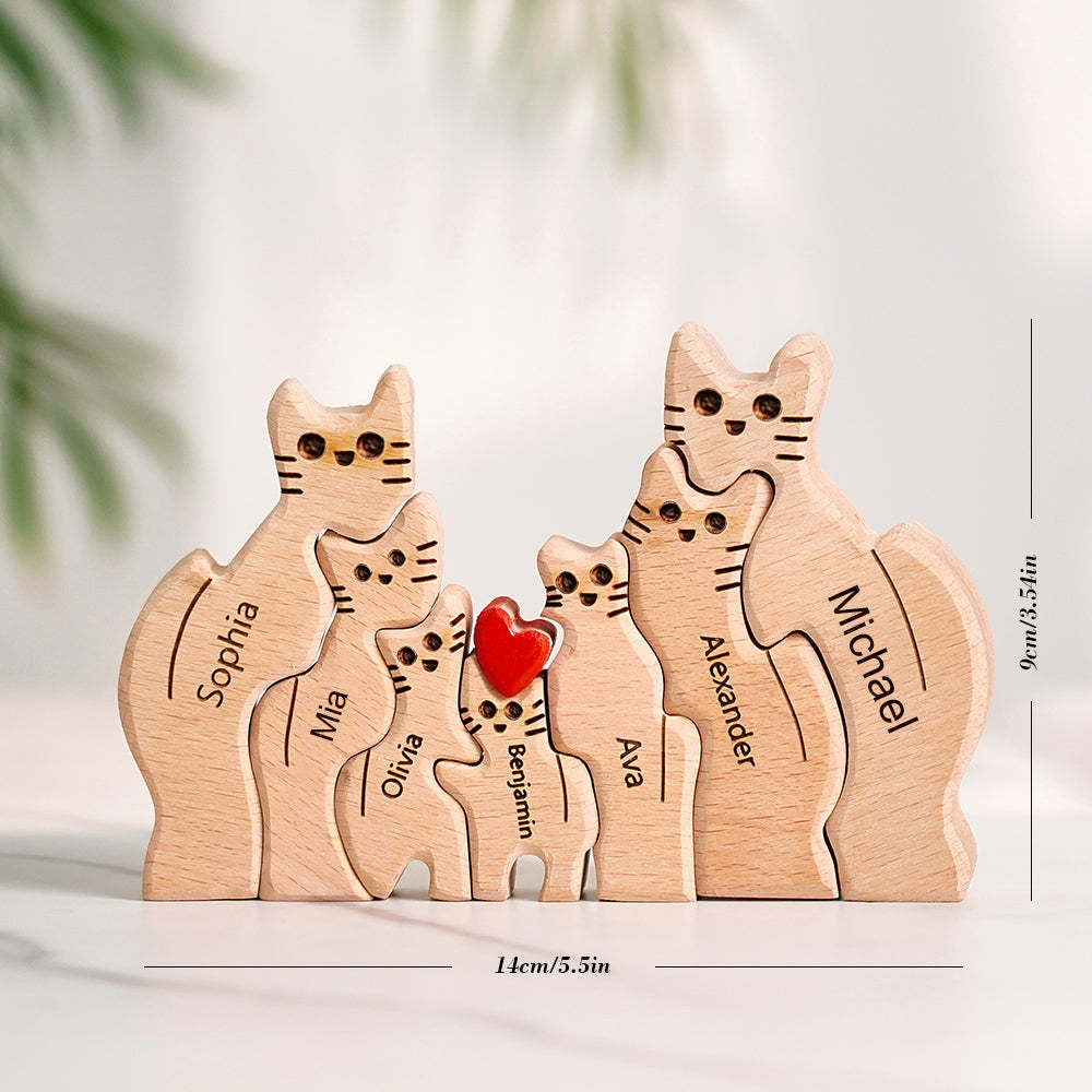 Wooden Cats Family Custom Names Puzzle Home Decor Gifts -