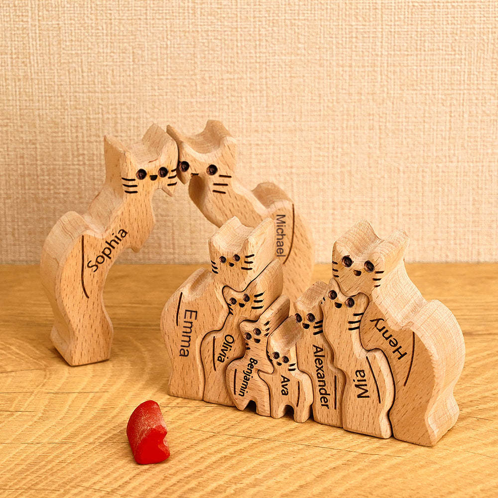 Wooden Cats Family Custom Names Puzzle Home Decor Gifts -