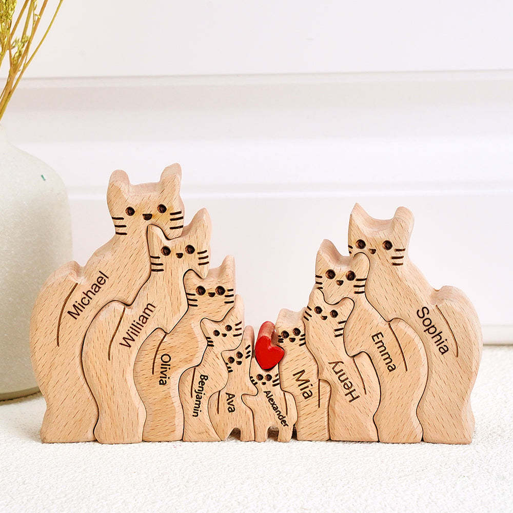 Wooden Cats Family Custom Names Puzzle Home Decor Gifts -