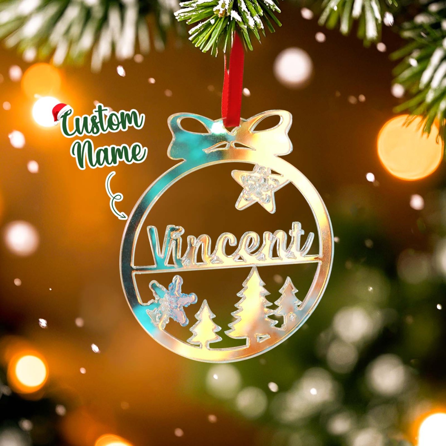 Personalized Name Christmas Ornaments Custom Glitter Iridescent Acrylic Decorations
