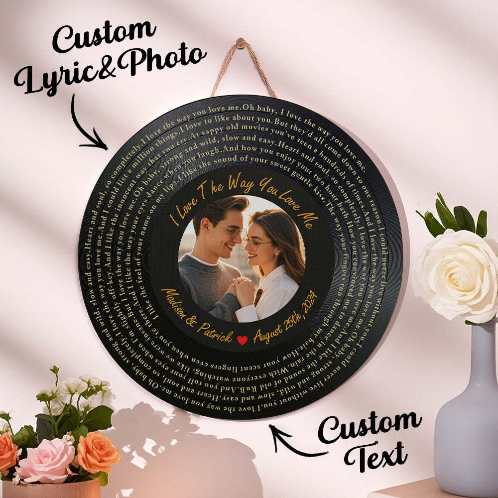 Personalized Vinyl Record Song Lyrics and Photo Round Wood Sign Gift for Lover -