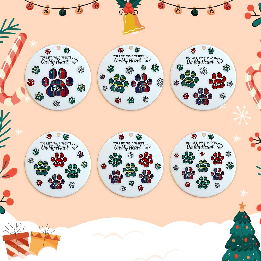 Memorial Dog Cat You Left Paw Prints On My Heart - 3D Inflated Effect Printed Ornament, Personalized Circle Ceramic Ornament
