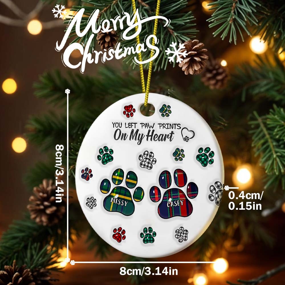 Memorial Dog Cat You Left Paw Prints On My Heart - 3D Inflated Effect Printed Ornament, Personalized Circle Ceramic Ornament