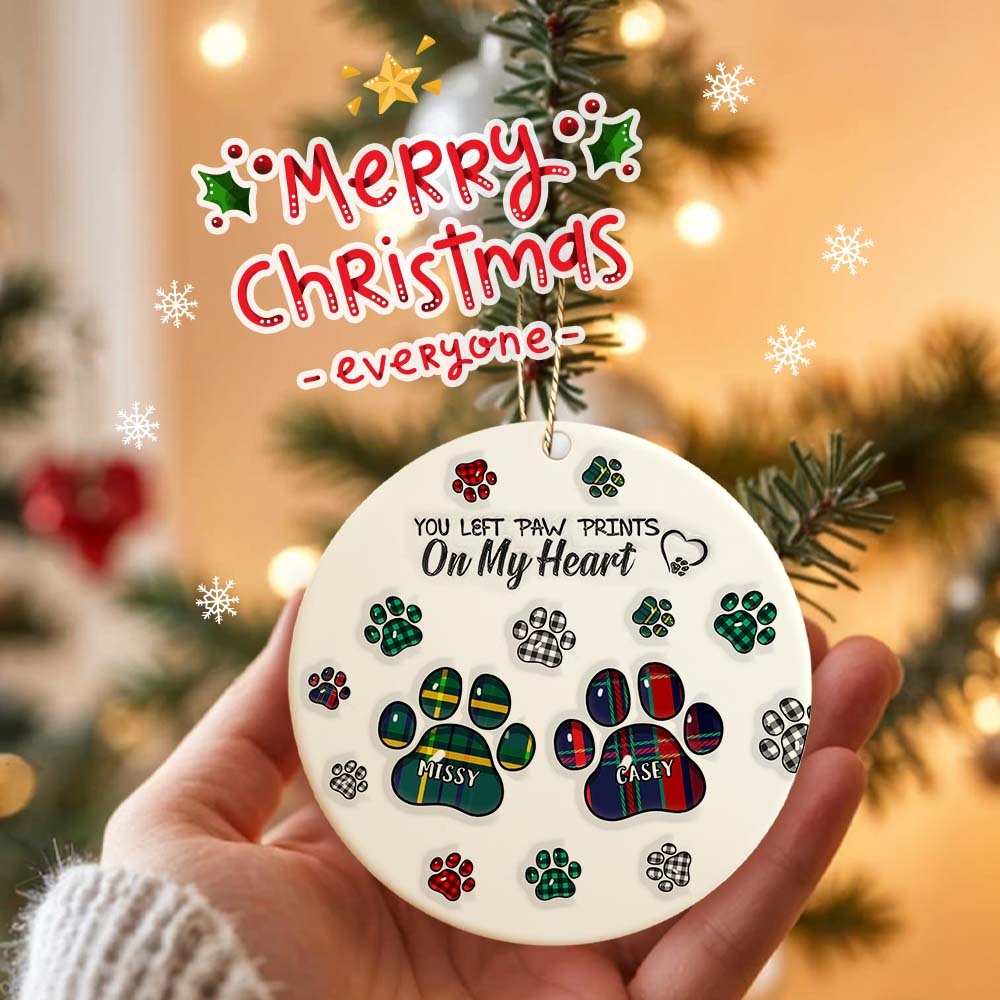 Memorial Dog Cat You Left Paw Prints On My Heart - 3D Inflated Effect Printed Ornament, Personalized Circle Ceramic Ornament