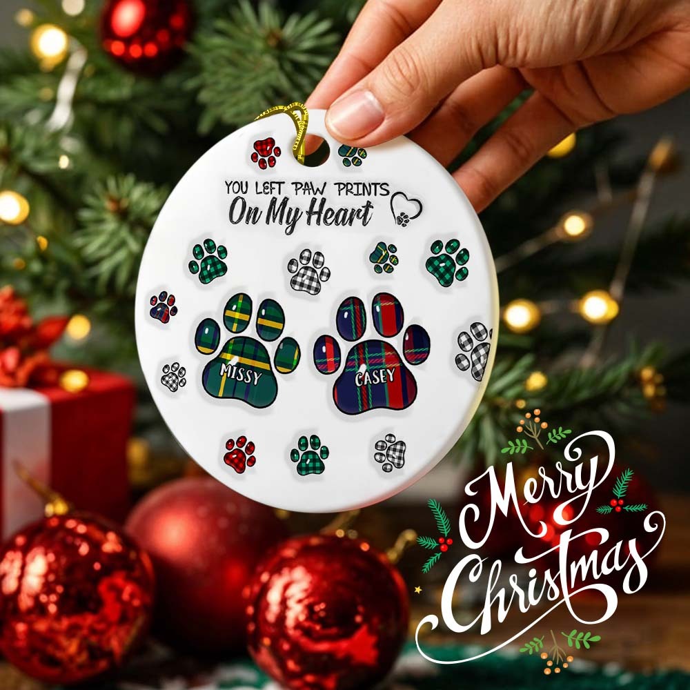 Memorial Dog Cat You Left Paw Prints On My Heart - 3D Inflated Effect Printed Ornament, Personalized Circle Ceramic Ornament