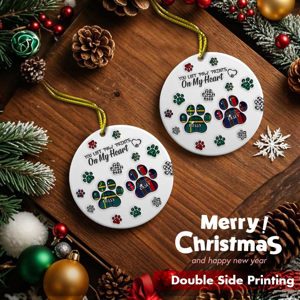 Memorial Dog Cat You Left Paw Prints On My Heart - 3D Inflated Effect Printed Ornament, Personalized Circle Ceramic Ornament