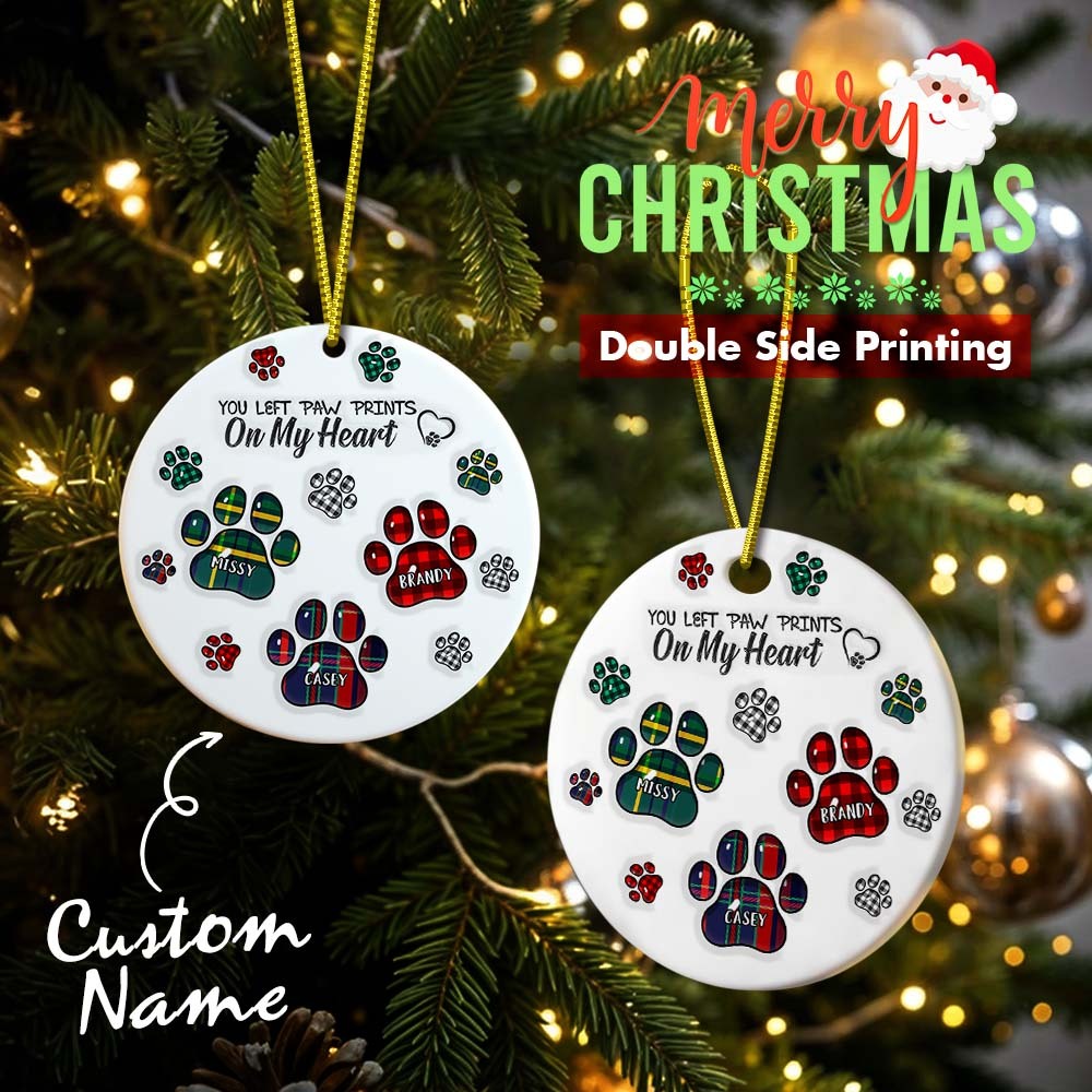 Memorial Dog Cat You Left Paw Prints On My Heart - 3D Inflated Effect Printed Ornament, Personalized Circle Ceramic Ornament