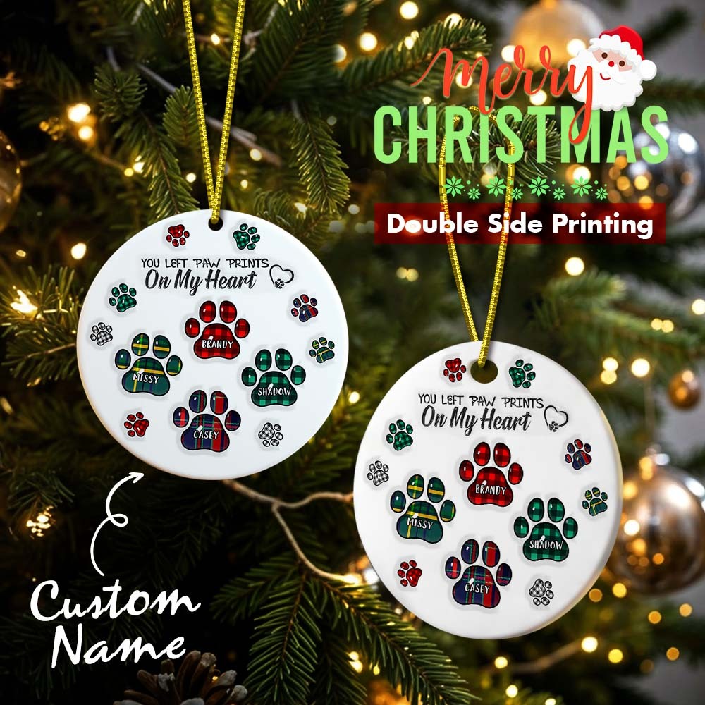 Memorial Dog Cat You Left Paw Prints On My Heart - 3D Inflated Effect Printed Ornament, Personalized Circle Ceramic Ornament