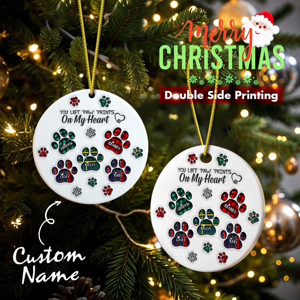 Memorial Dog Cat You Left Paw Prints On My Heart - 3D Inflated Effect Printed Ornament, Personalized Circle Ceramic Ornament