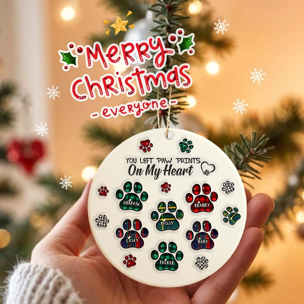 Memorial Dog Cat You Left Paw Prints On My Heart - 3D Inflated Effect Printed Ornament, Personalized Circle Ceramic Ornament